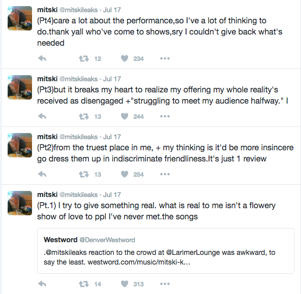 A screenshot of Mitski's tweets where she responds to criticism of her work.