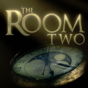 Cover art for the iPad game The Room Two. The title of the game is in gold along the top of the image; the bottom is a clock face with lunar cycles and roman numerals.