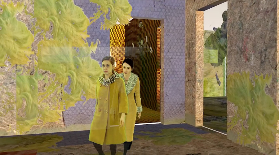 Digital graphic of two women dopplegangers walking beside a building