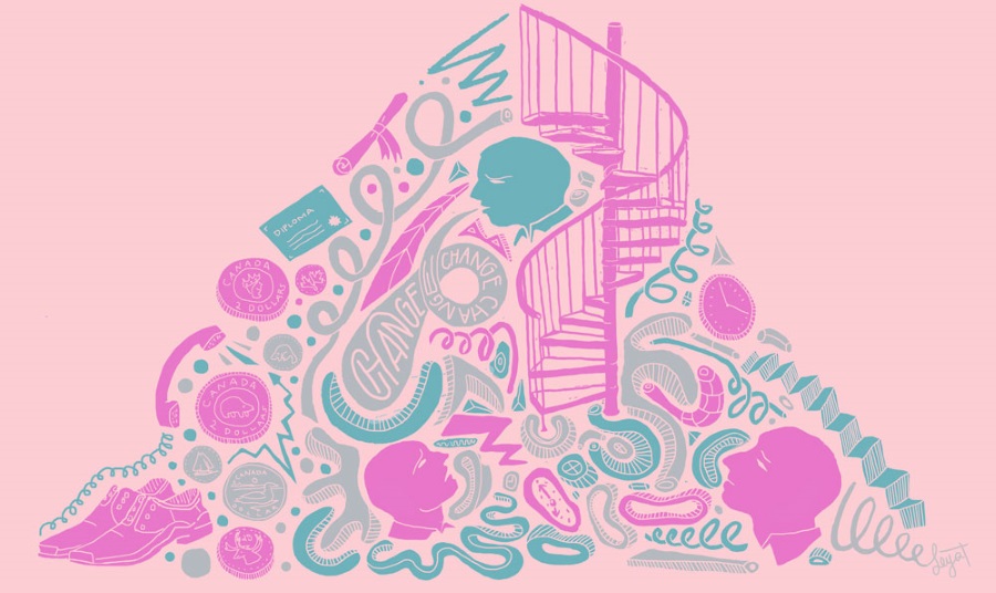Illustration of a winding staircase, with pink background for Cason Sharpe's a Year and CHange