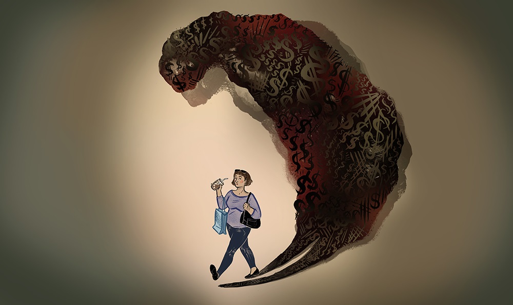 Woman walking with a cloud of debt behind her. Illustration by Meags Fitzgerald