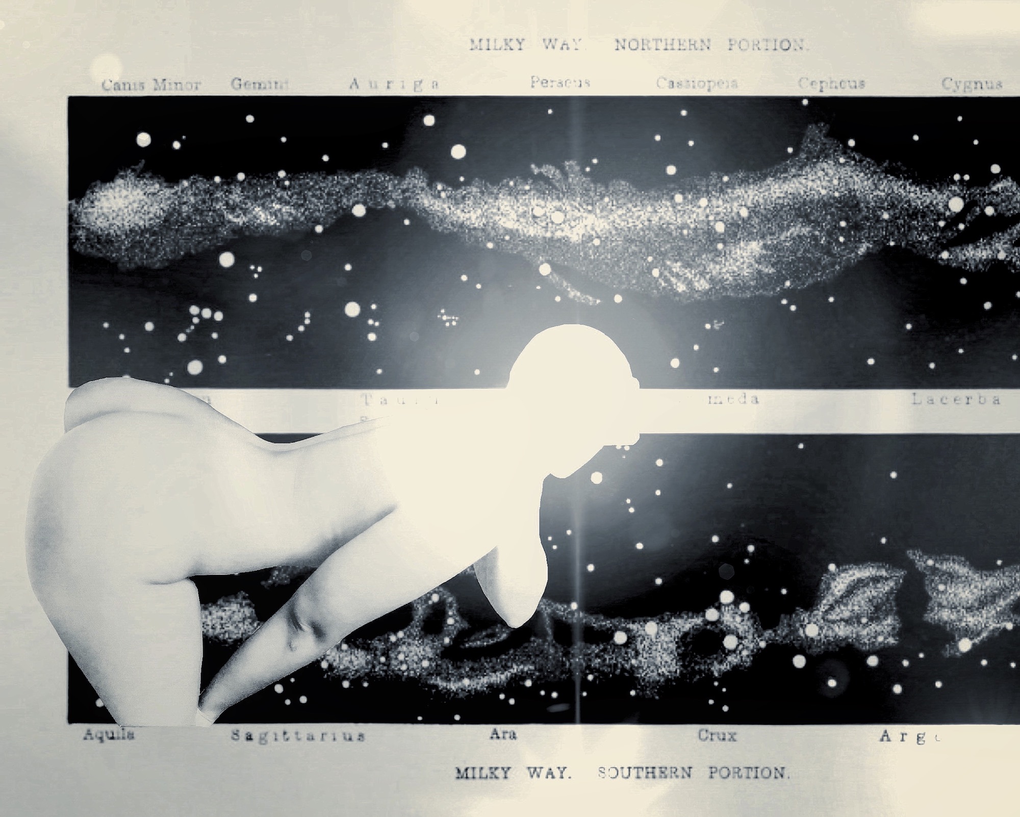 The shape of a woman's body is in the foreground; constellations in black and white is in the background. Image is a photograph.