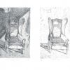 two etchings, side by side, of the same chair. the etching on the left is shadowy and the etching on the right is bright.