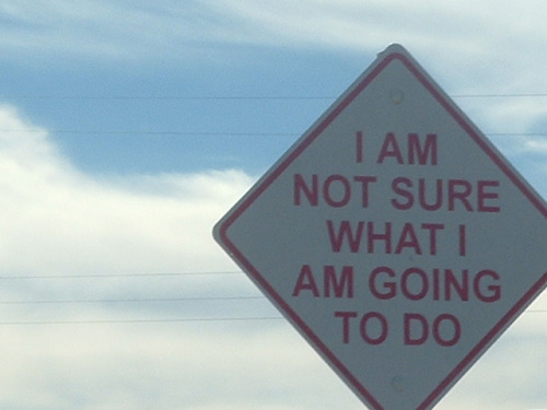 Photograph of a white road sign with red letters that says "I am not sure what I am going to do" in all capital letters. The sign's backdrop is a blue sky with a few wispy clouds.